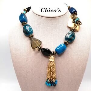 Chico's Turquoise Necklace Chain Tassel, Gemstone Acrylic Glass, 20 Inches